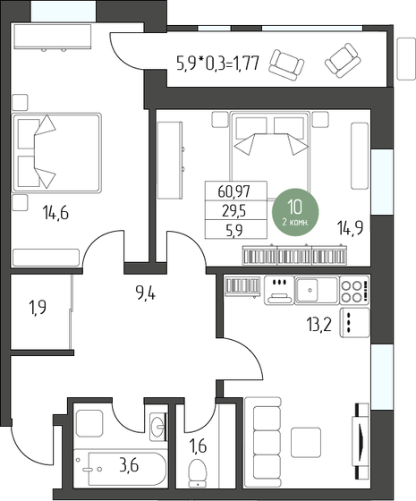 65,1 м², 2-комнатная квартира 7 438 340 ₽ - изображение 1