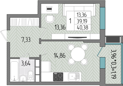 Квартира 40,4 м², 1-комнатная - изображение 1