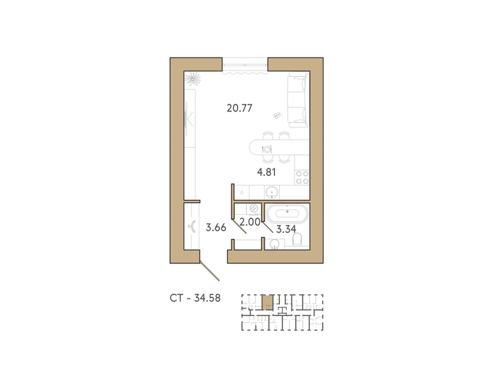 35,2 м², квартира-студия 4 405 000 ₽ - изображение 1