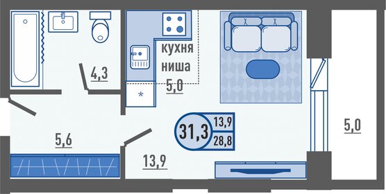 Квартира 31,3 м², 1-комнатная - изображение 1