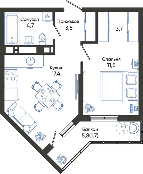 42,5 м², 1-комнатная квартира 7 911 375 ₽ - изображение 1