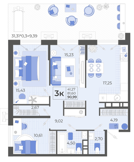 91 м², 3-комнатная квартира 11 628 522 ₽ - изображение 1