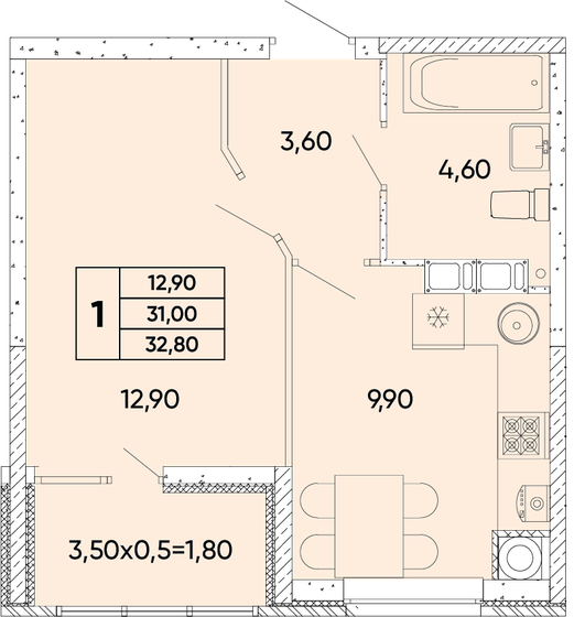 32,8 м², 1-комнатная квартира 4 477 200 ₽ - изображение 1