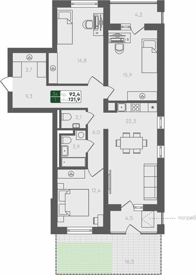 121,9 м², 3-комнатная квартира 10 560 000 ₽ - изображение 1