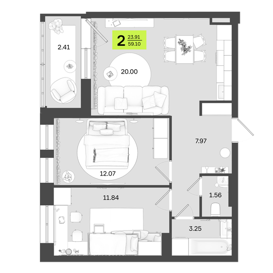 59,1 м², 2-комнатная квартира 9 751 500 ₽ - изображение 1