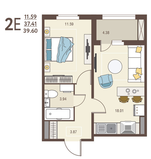 39,6 м², 1-комнатная квартира 3 960 000 ₽ - изображение 50