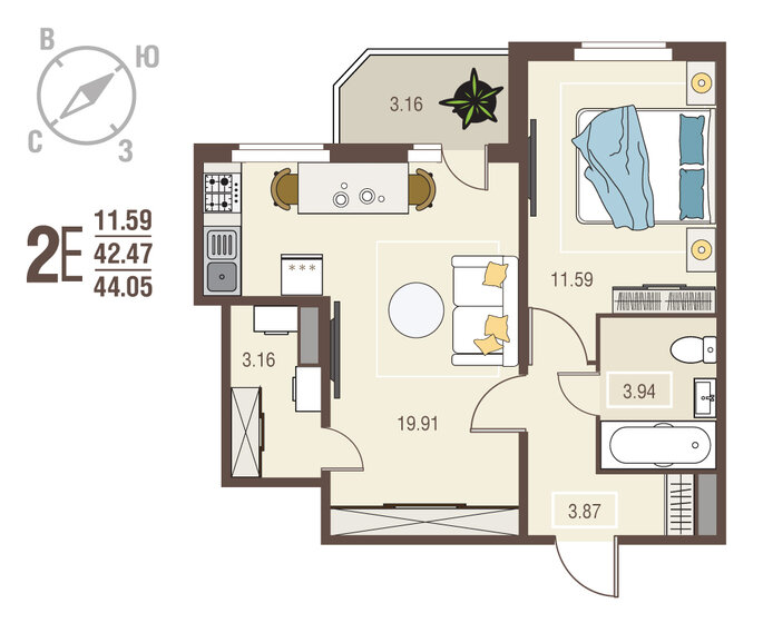 44,1 м², 1-комнатная квартира 4 537 150 ₽ - изображение 1