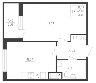 Квартира 46,9 м², 2-комнатная - изображение 1