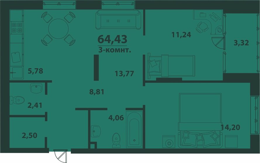 64,4 м², 3-комнатная квартира 8 311 470 ₽ - изображение 1