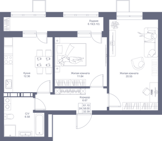 Квартира 61,1 м², 2-комнатная - изображение 1