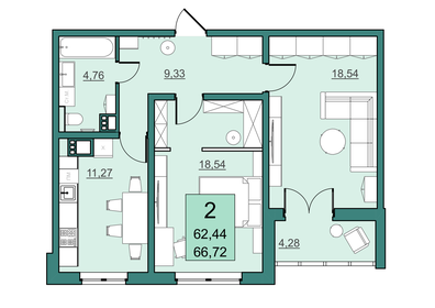 Квартира 62,4 м², 2-комнатная - изображение 2