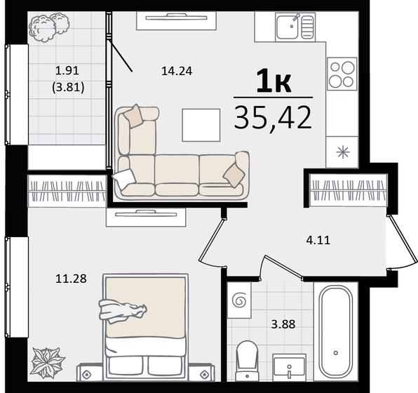 35,4 м², 1-комнатная квартира 10 824 352 ₽ - изображение 1