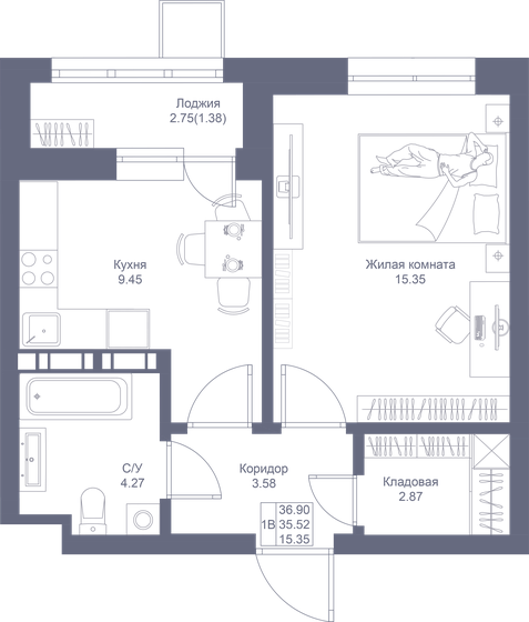 36,9 м², 1-комнатная квартира 8 892 900 ₽ - изображение 1