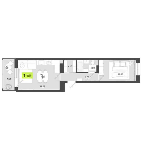 42,7 м², 1-комнатная квартира 7 042 200 ₽ - изображение 1