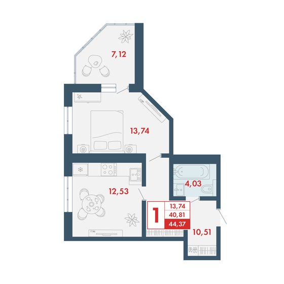 44,4 м², 1-комнатная квартира 3 948 930 ₽ - изображение 1