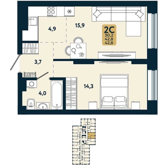 42,8 м², 2-комнатная квартира 6 379 300 ₽ - изображение 1