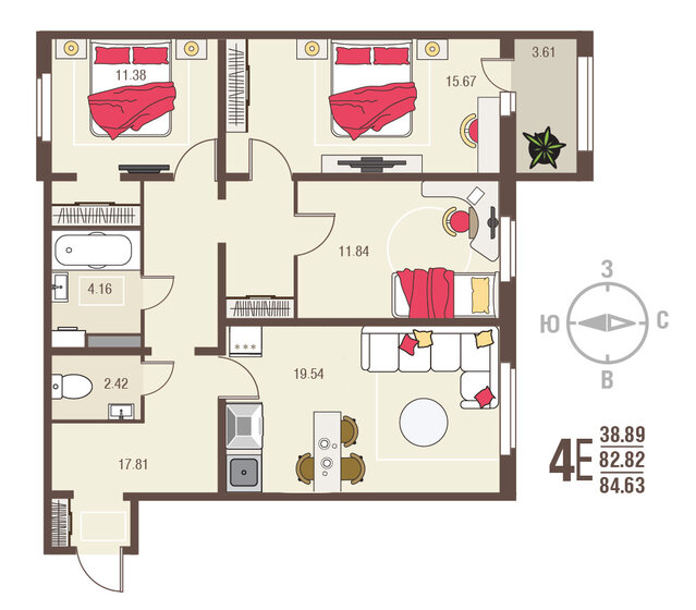 84,6 м², 3-комнатная квартира 7 785 960 ₽ - изображение 51