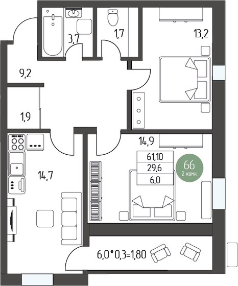 65,3 м², 2-комнатная квартира 7 454 200 ₽ - изображение 1