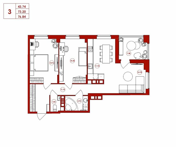 76,8 м², 3-комнатная квартира 7 299 800 ₽ - изображение 1