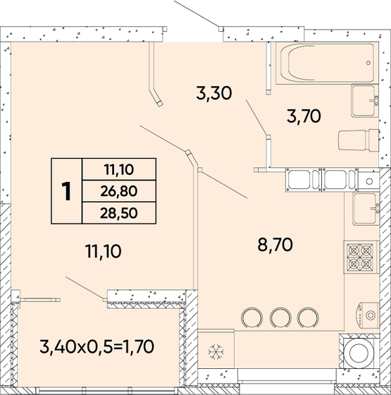 28,5 м², 1-комнатная квартира 3 890 250 ₽ - изображение 1