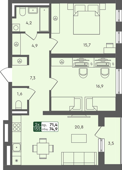 74,9 м², 2-комнатная квартира 9 289 350 ₽ - изображение 1