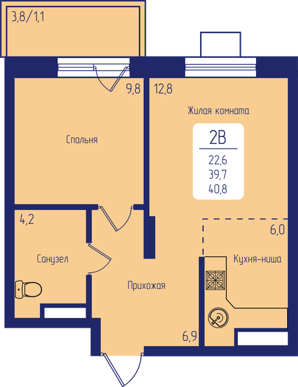 40,8 м², 2-комнатная квартира 6 732 000 ₽ - изображение 1