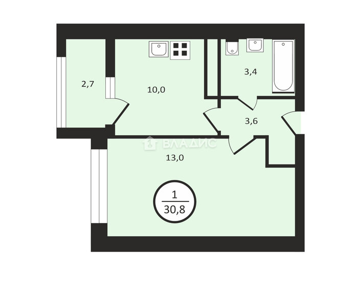 30,6 м², 1-комнатная квартира 6 800 000 ₽ - изображение 1