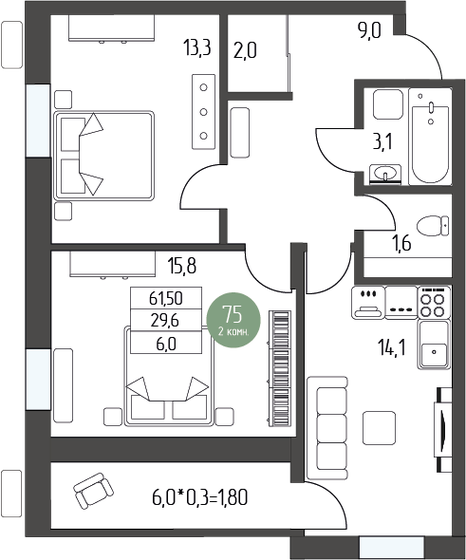 65,7 м², 2-комнатная квартира 7 872 000 ₽ - изображение 1