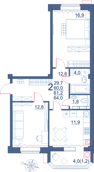 64 м², 2-комнатная квартира 7 765 000 ₽ - изображение 1