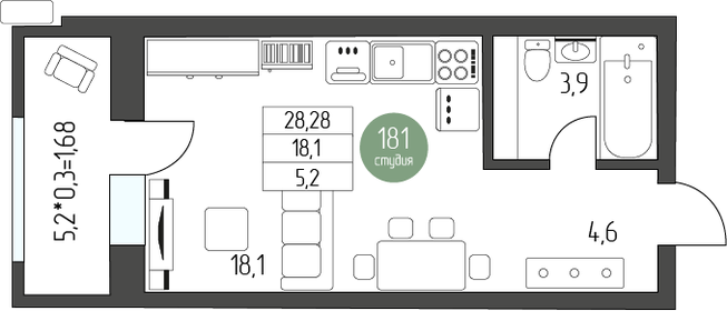 Квартира 31,4 м², студия - изображение 1