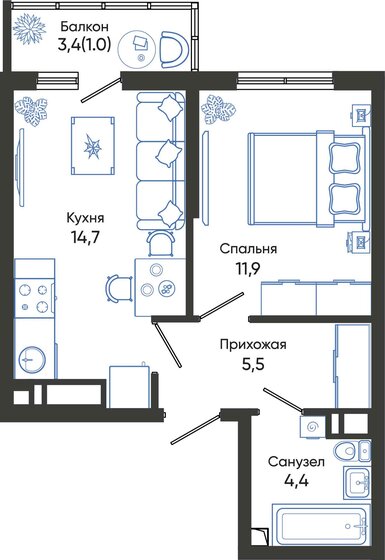 37,5 м², 1-комнатная квартира 7 475 625 ₽ - изображение 1