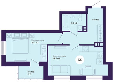 Квартира 48 м², 1-комнатная - изображение 1