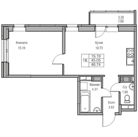 Квартира 45,1 м², 1-комнатная - изображение 1