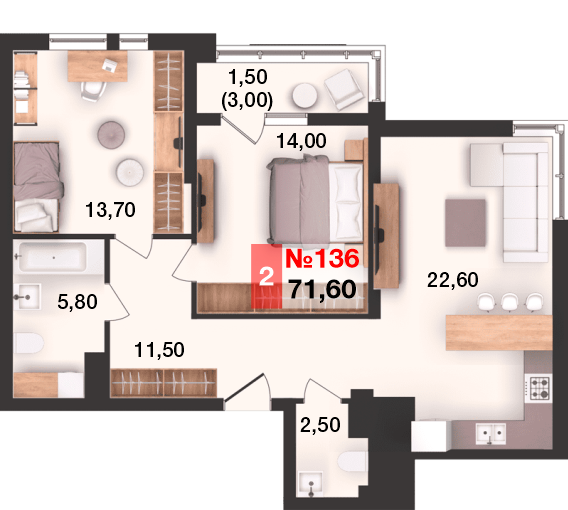 71,6 м², 2-комнатная квартира 7 876 000 ₽ - изображение 1