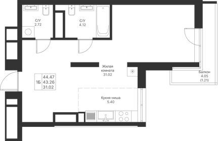 45 м², 1-комнатная квартира 11 990 000 ₽ - изображение 41