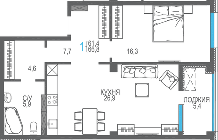 Квартира 66,8 м², 1-комнатная - изображение 1