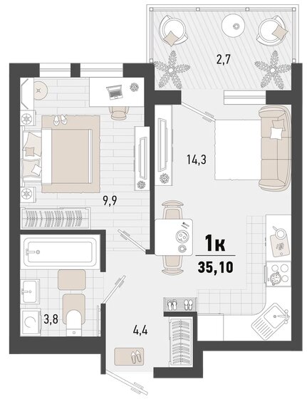 35,1 м², 1-комнатная квартира 9 950 850 ₽ - изображение 1
