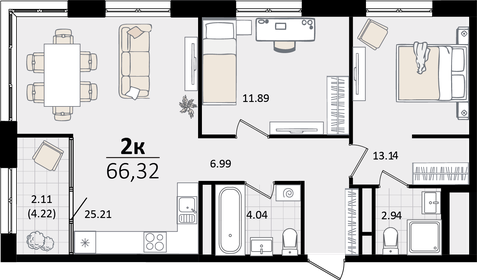 Квартира 66,3 м², 2-комнатная - изображение 1