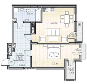 Квартира 66,5 м², 1-комнатная - изображение 1