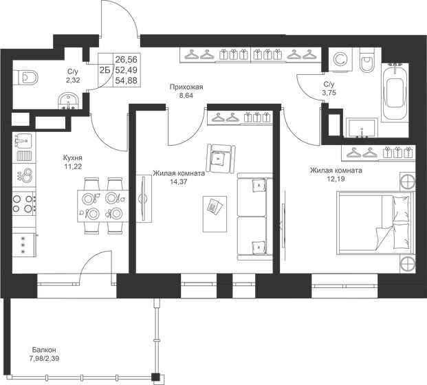 54,9 м², 2-комнатная квартира 9 219 840 ₽ - изображение 1