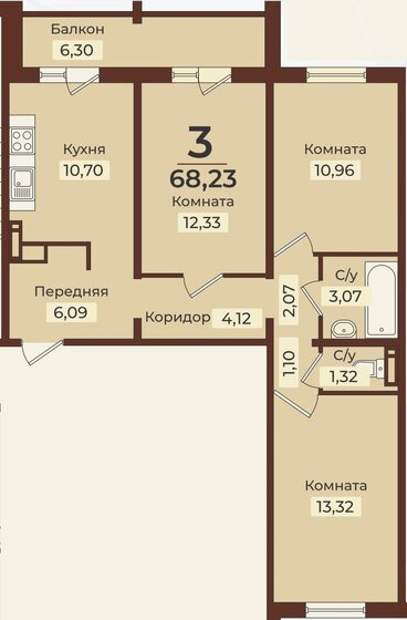 68 м², 3-комнатная квартира 5 642 621 ₽ - изображение 1