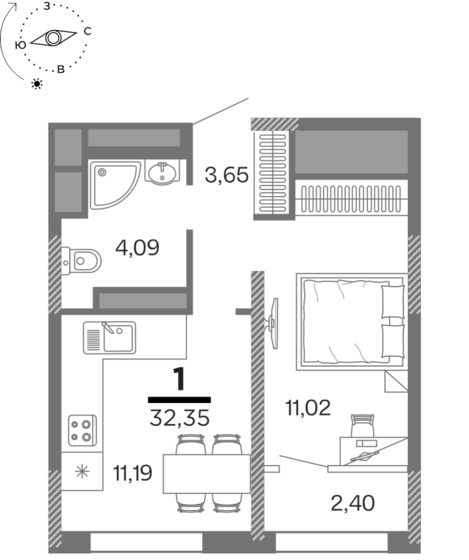 32,4 м², 1-комнатная квартира 4 224 365 ₽ - изображение 1