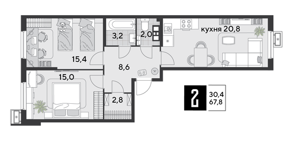 69,4 м², 2-комнатная квартира 11 464 880 ₽ - изображение 23