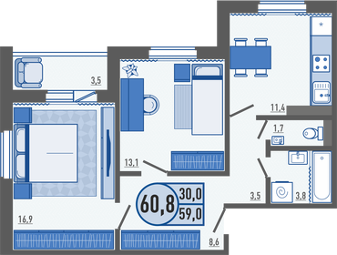 60,9 м², 2-комнатная квартира 4 573 590 ₽ - изображение 52