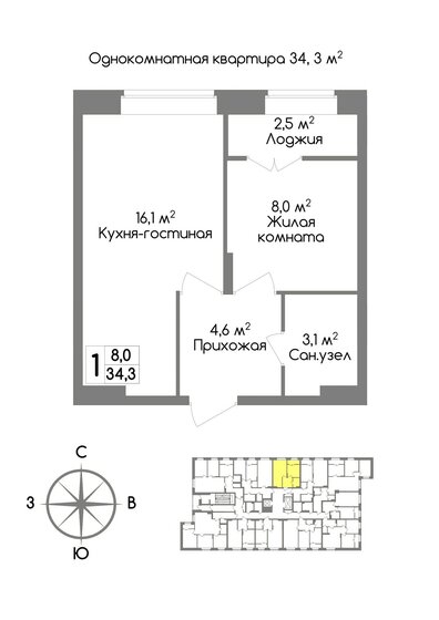 34,3 м², 1-комнатная квартира 3 258 500 ₽ - изображение 1