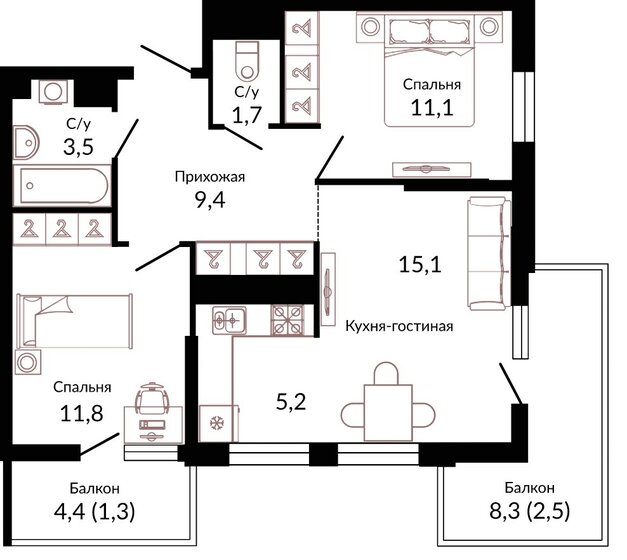 61,6 м², 2-комнатная квартира 10 237 920 ₽ - изображение 1