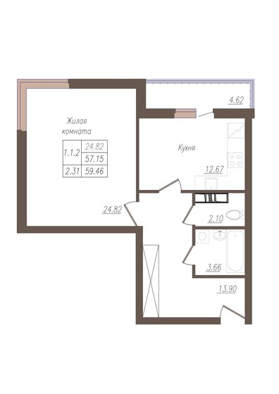59,5 м², 1-комнатная квартира 5 431 671 ₽ - изображение 1