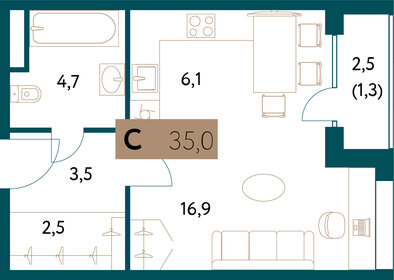 Квартира 35,1 м², студия - изображение 1