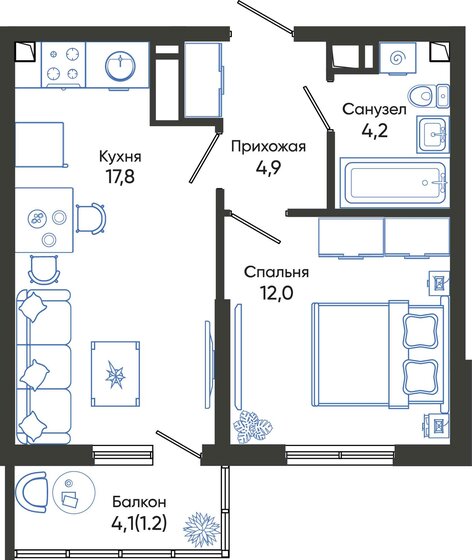 40,1 м², 1-комнатная квартира 7 629 025 ₽ - изображение 1