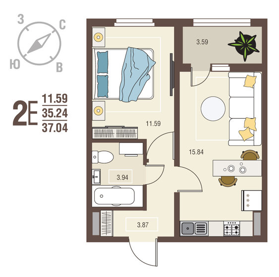 37 м², 1-комнатная квартира 3 741 040 ₽ - изображение 16